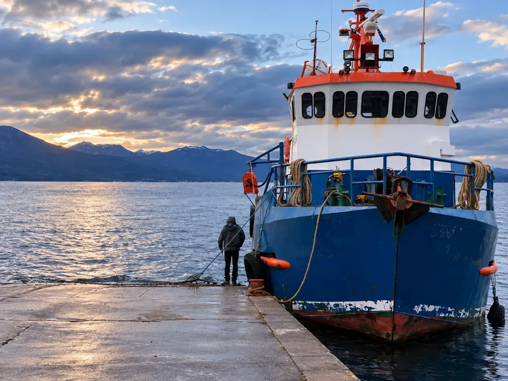 Barco pesquero en puerto al atardecer