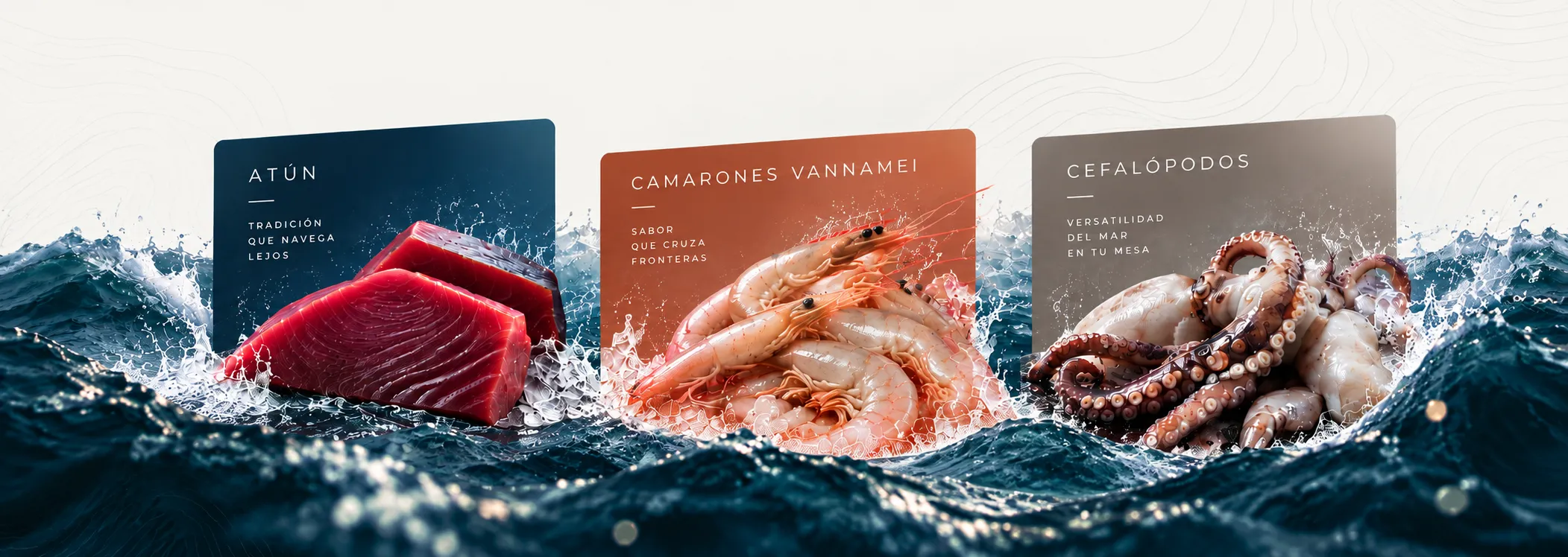 Atún, camarón y cefalópodos sobre el mar